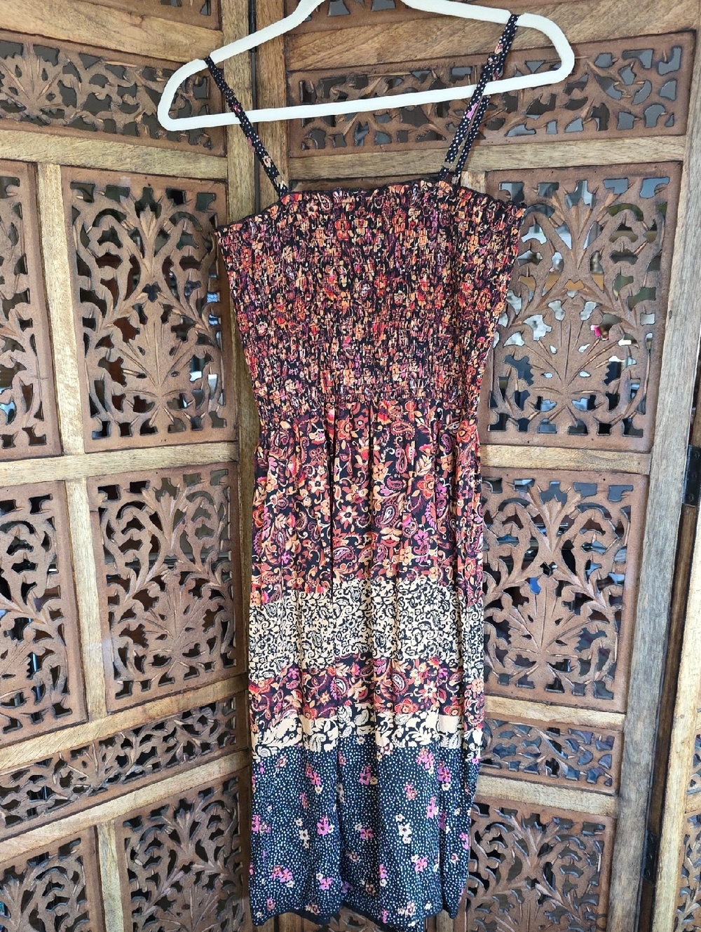 Angie Boho Patchwork Midi Sundress Smocked Tiered Dress Size M - Picture 6 of 7